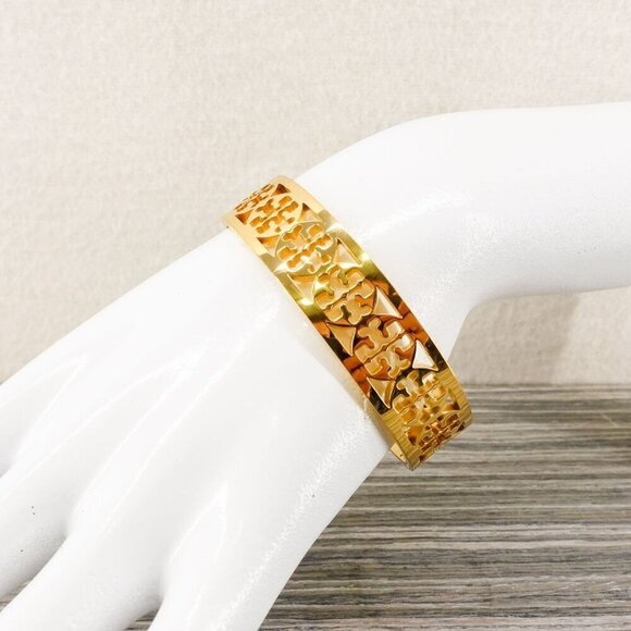 Tory Burch TB Gold Logo Cut out Cuff Bracelet Gold OS - Picture 8 of 12